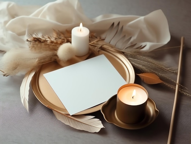 A gold plate with a card on it and a candle on the table