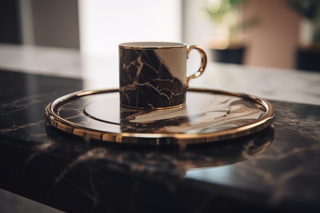 A gold plate with a cup on it sits on a marble countertop.