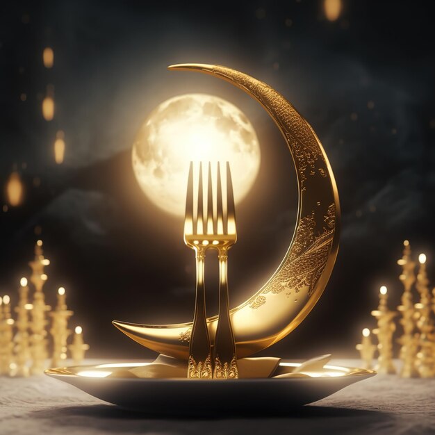 A gold plate with a fork and a crescent moon on it.