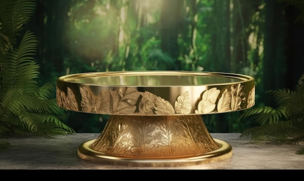 A gold plate with leaves on it sits on a stone table in front of a forest.