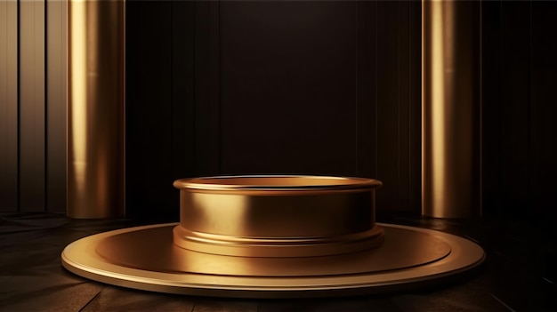 A gold plate with a round lid sits on a wooden table.