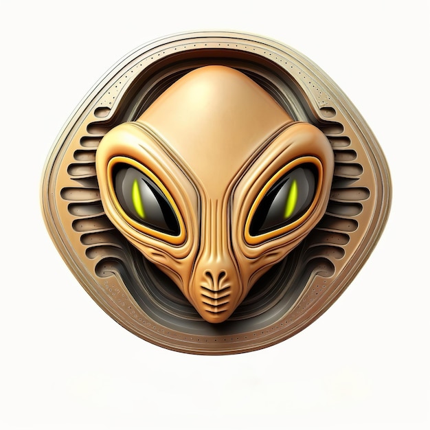 A gold plated alien with green eyes sits on a white background.