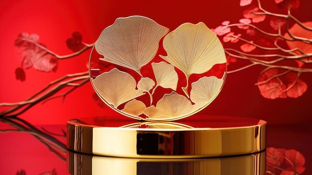 A gold plated flower shaped object with a red background.