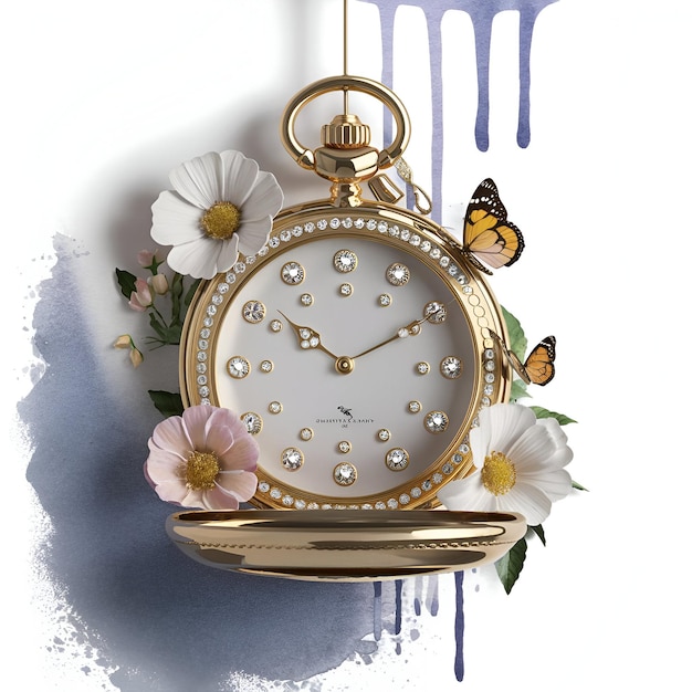 a gold pocket watch with a butterfly on the face