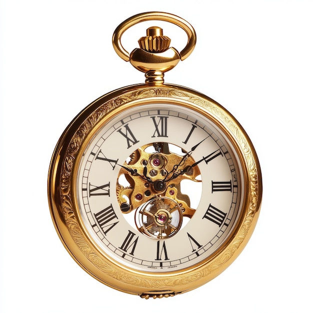 Gold pocket watch with exposed gears and roman numerals on a white background