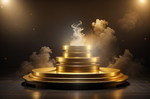 Gold podium on dark background with smoke Empty pedestal for award ceremony Platform illuminated by spotlights Made with