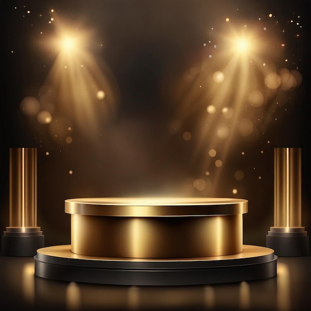 Gold podium on dark background with smoke Empty pedestal for award ceremony Platform illuminated