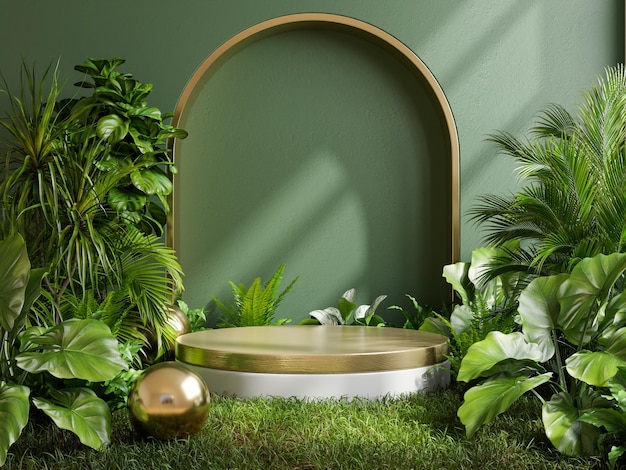 Gold Podium in tropical forest for product presentation and green background