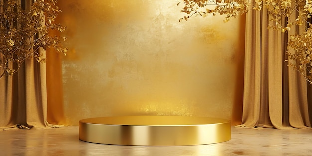 Gold podium with golden textile background