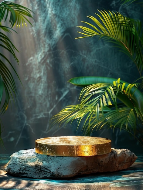 Gold podium with palm leaves on dark background 3d render