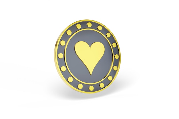 Gold poker chip with the figure of heart isolated on white background 3d illustration