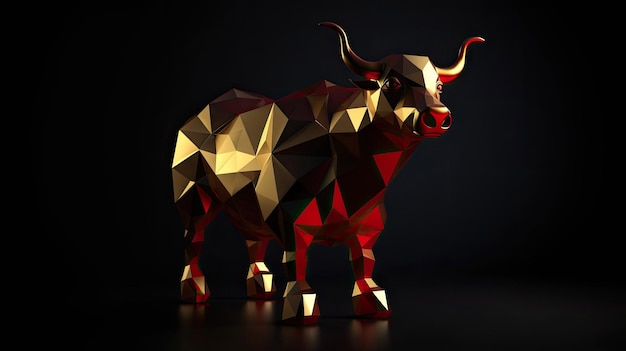 Gold Polygon style bull on black background with Generative AI Technology