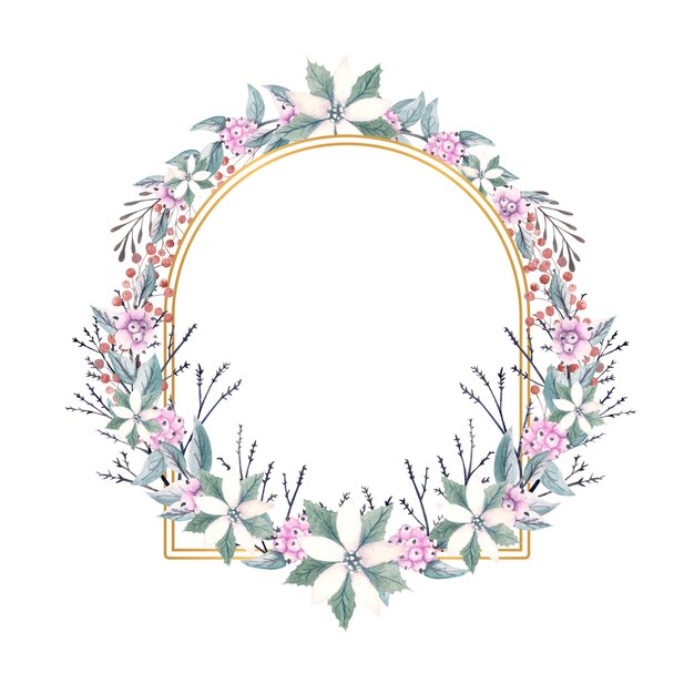 Gold polygonal frame with watercolor sprigs of snow berries and poinsettia flowers.