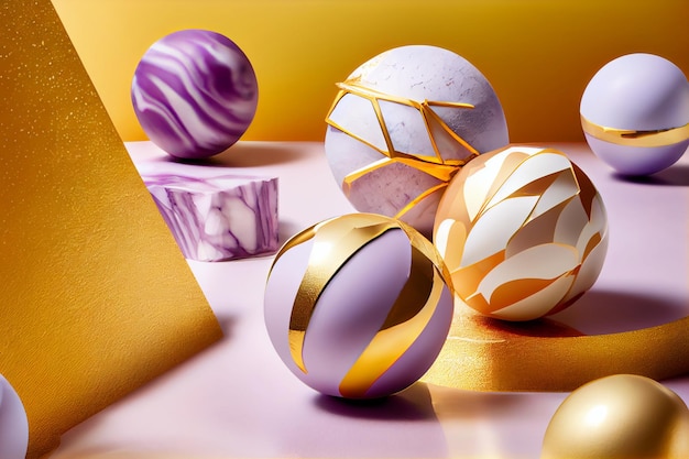 A gold and purple display of colorful balls with gold accents