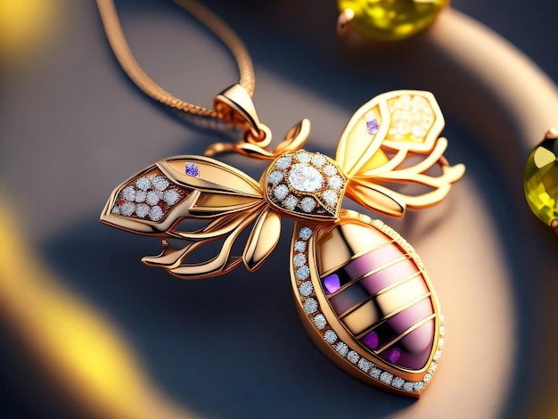 A gold and purple necklace with diamonds and a leaf with a diamond design.