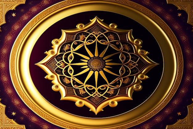 A gold and purple picture of a flower with a gold circle in the middle.