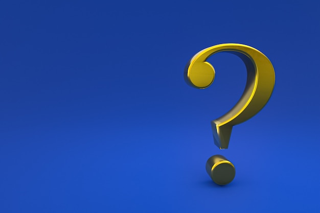 Gold question mark sign minimal on blue background, 3d render, minimal and copy space