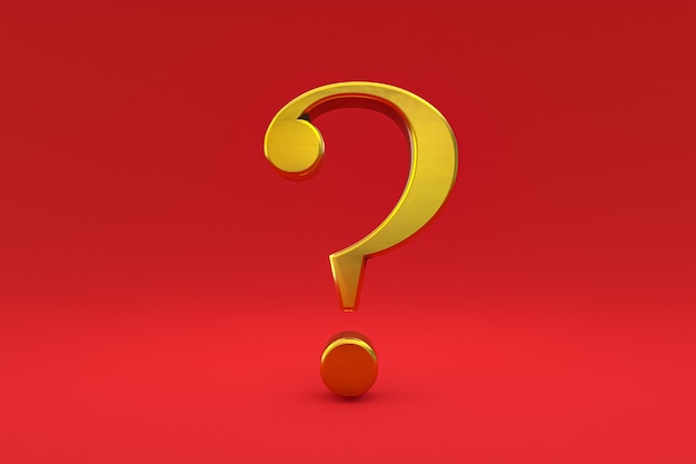 Gold question mark sign minimal on red background, 3d render, minimal and copy space