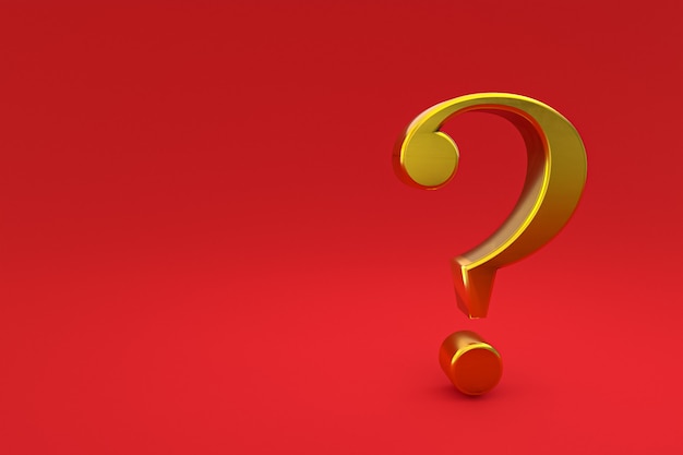 Gold question mark sign minimal on red background, 3d render, minimal and copy space