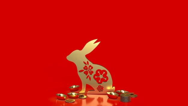 The gold rabbit and chines money for promotion concept 3d rendering