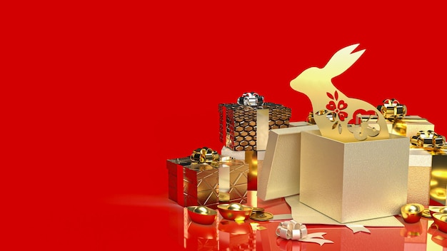 The gold rabbit in gift box for promotion concept 3d rendering