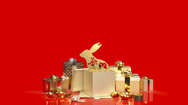 The gold rabbit in gift box for promotion concept 3d rendering