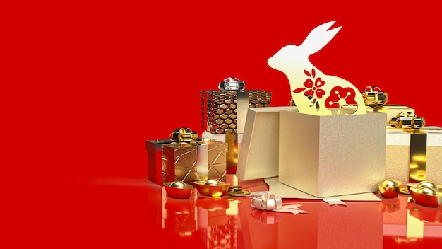 The gold rabbit in gift box for promotion concept 3d rendering