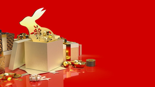 The gold rabbit in gift box for promotion concept 3d rendering