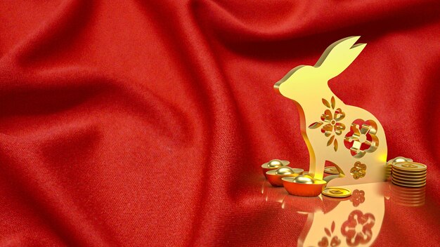 The gold rabbit and vintage Chinese money on red background 3d rendering