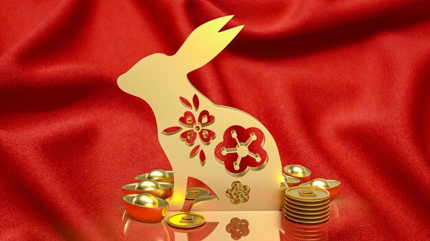 The gold rabbit and vintage Chinese money on red background 3d rendering