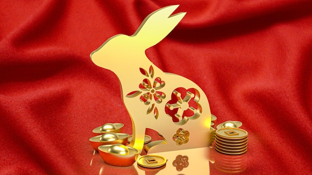 The gold rabbit and vintage Chinese money on red background 3d rendering