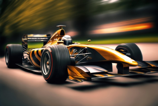 A gold race car with a black and orange design on the front.