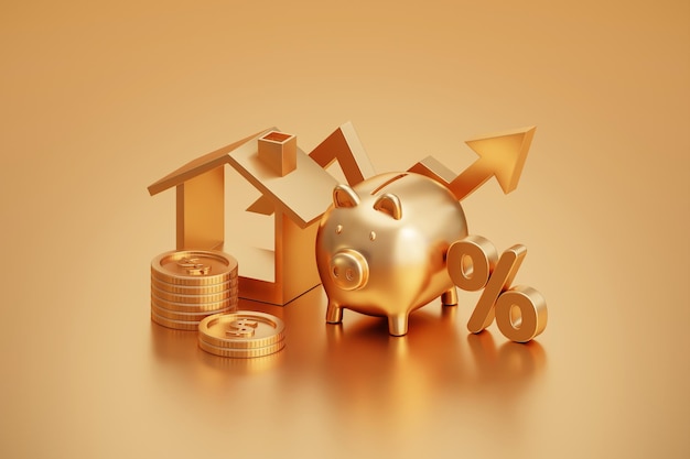 Gold real estate house investment property business on golden finance sale 3d background with arrow graph home financial savings coin bank or residential buy market price and loan mortgage tax money