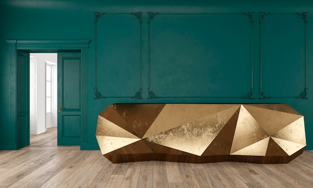 Gold reception table in classic green color interior with moldings and wooden floor