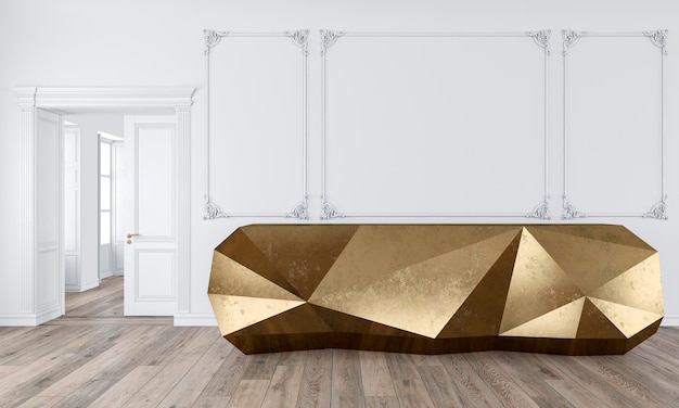 Gold reception table in classic white color interior with moldings and wooden floor