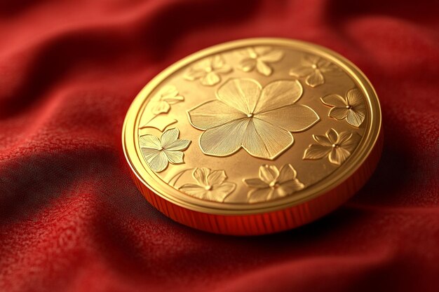 a gold and red container with flowers on it is on a red cloth