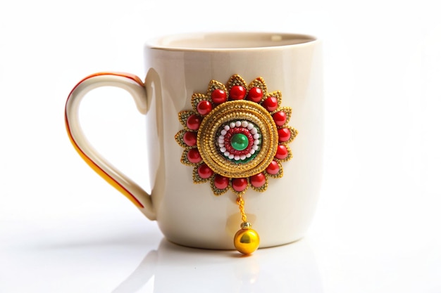 a gold and red flower is on a cup