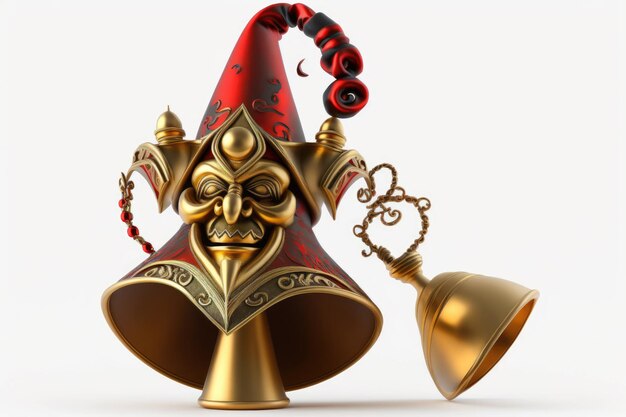 Gold and red jester puppet with a top hat and bells isolated on white