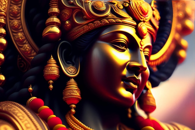 A gold and red statue of a god with gold accents