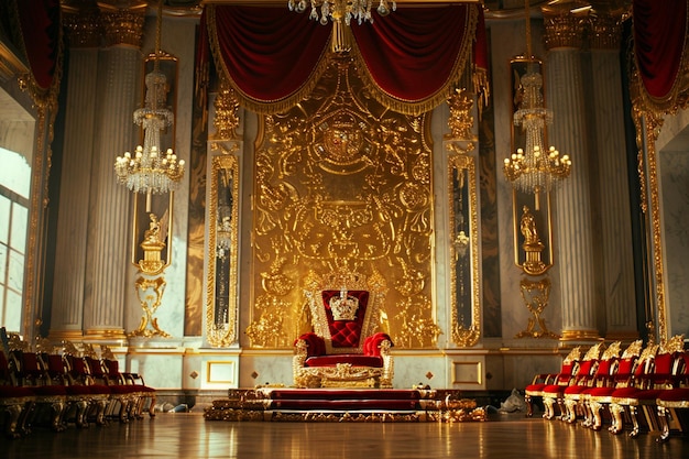 Photo a gold and red throne sits in a room with a red curtain that saysthe year