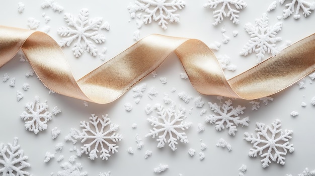 Gold ribbon and white snowflakes on a white background