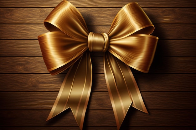 Gold ribbon with a bow on a wooden background.