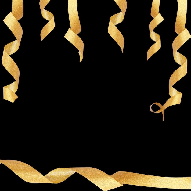 Gold ribbons isolated on black background. layout for postcard