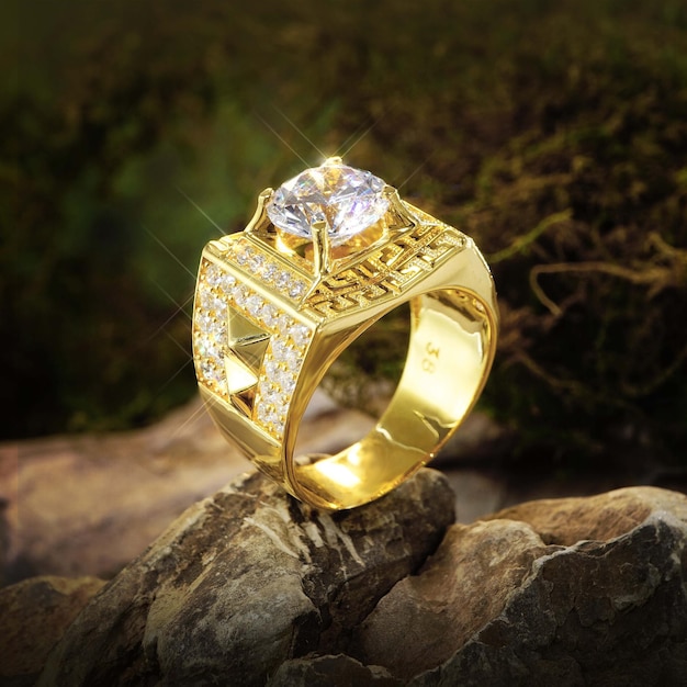 Gold ring men with diamonds, cubic Zirconia, emeralds, and precious stones on background rock moss