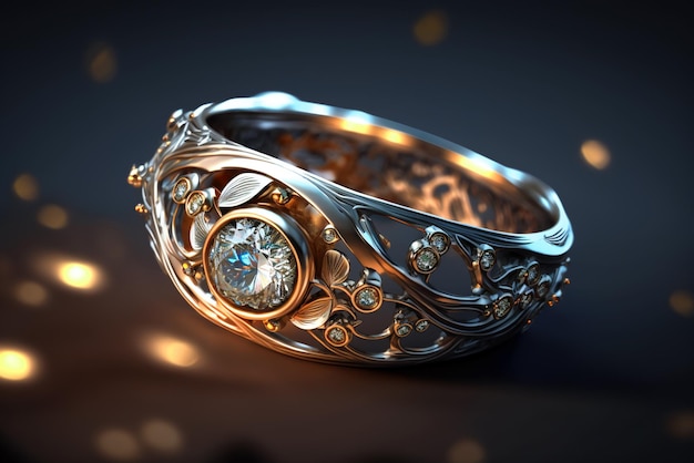 Gold ring with big and small diamonds on dark background generative AI