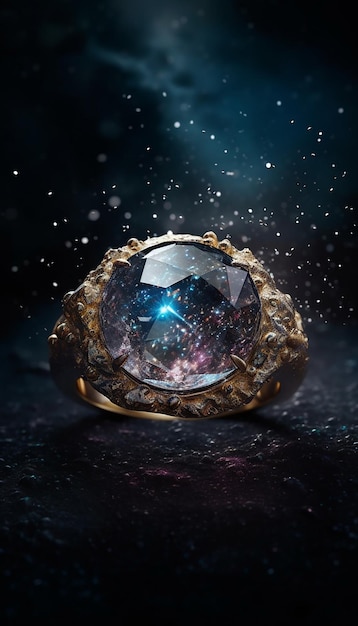 A gold ring with a blue diamond on it