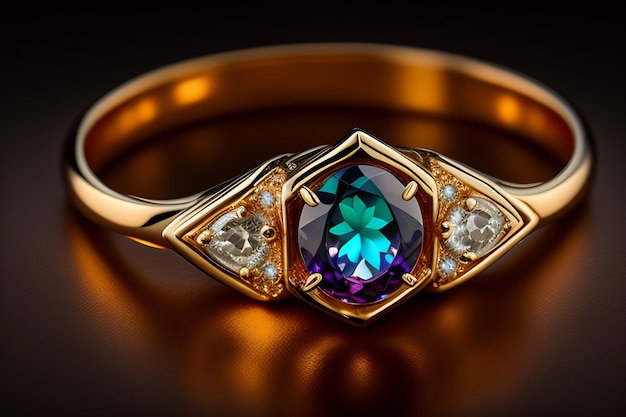 A gold ring with a blue gem and diamond on it.