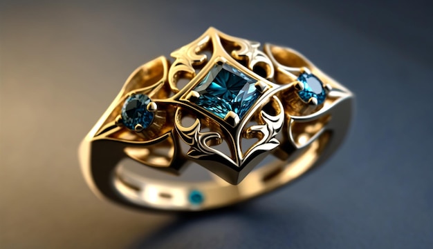 A gold ring with blue sapphires and diamonds