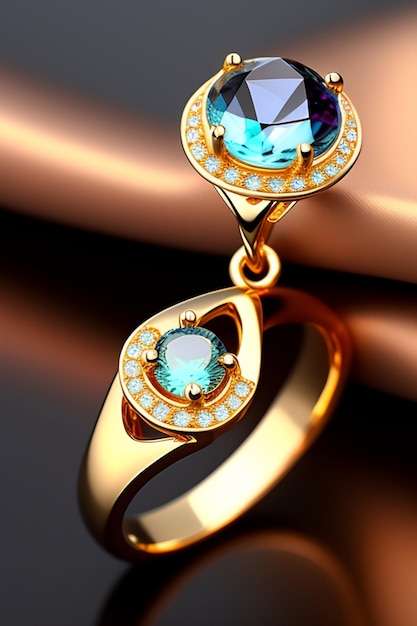 A gold ring with a blue stone and diamonds.