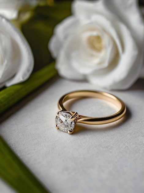 a gold ring with a diamond on it sits on a green cloth